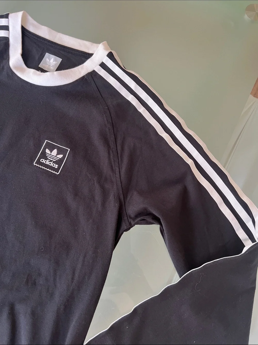 adidas Black Long-Sleeve Crew with White Stripes and Trim